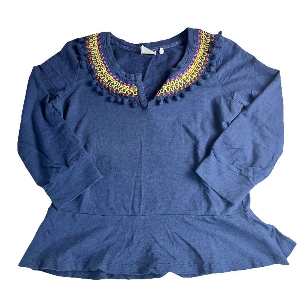 Anthropologie Lilka Toorie embroidered blue peplum Top V-neck pom-pom Size XS